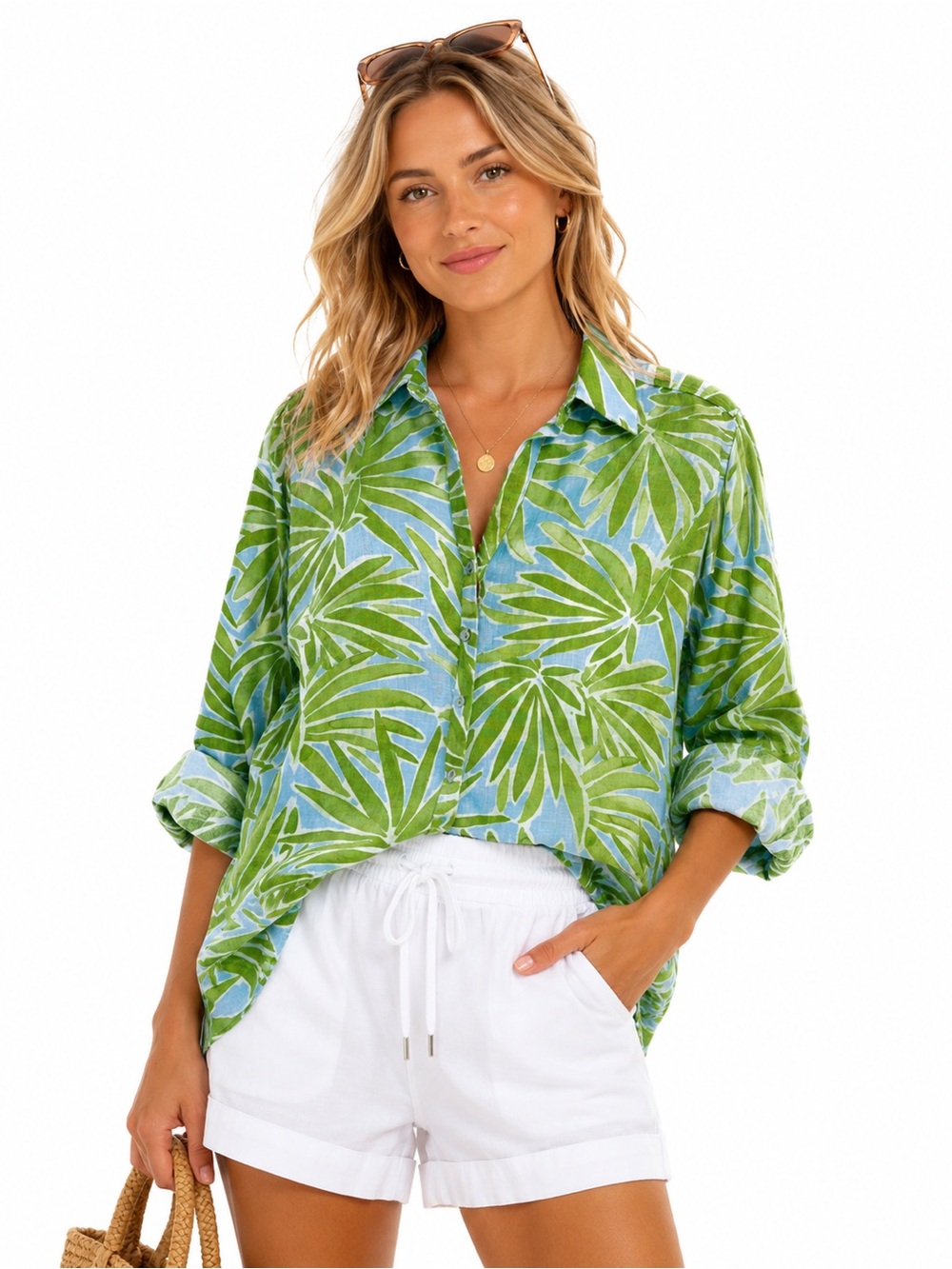 Sigrid Olsen 100% Linen Tropical Palm Print Button Front Shirt Large